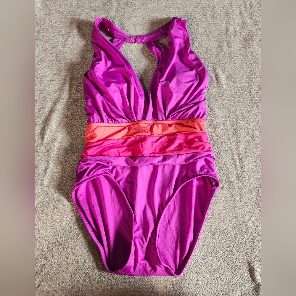 Badgley Mischka 1 Piece Bathing suit Bright Fuschia Plunge Neck Sz 4 Island Vaca